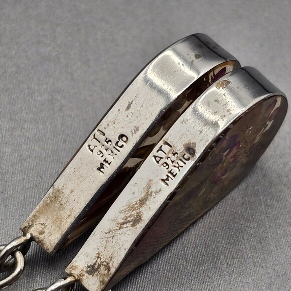 Sterling Silver Lucite Earrings 1.75" Dried Flowers Teardrop Shape ATI Mexico - Picture 6 of 10